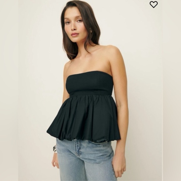 new Reformation Simone strapless bubble peplum poplin knit top in black - Picture 1 of 8